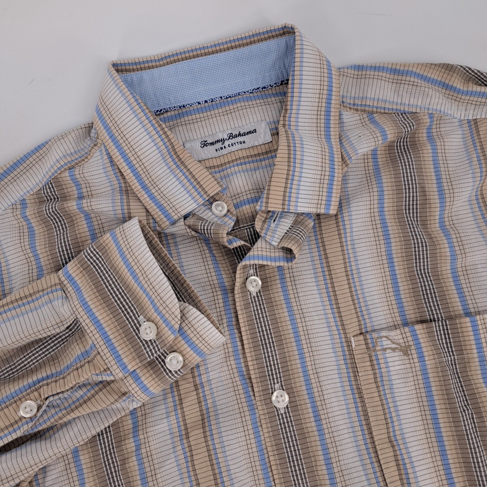Tommy Bahama Mens Pima Cotton Plaid Button Down Shirt M Blue Tan Brown Western